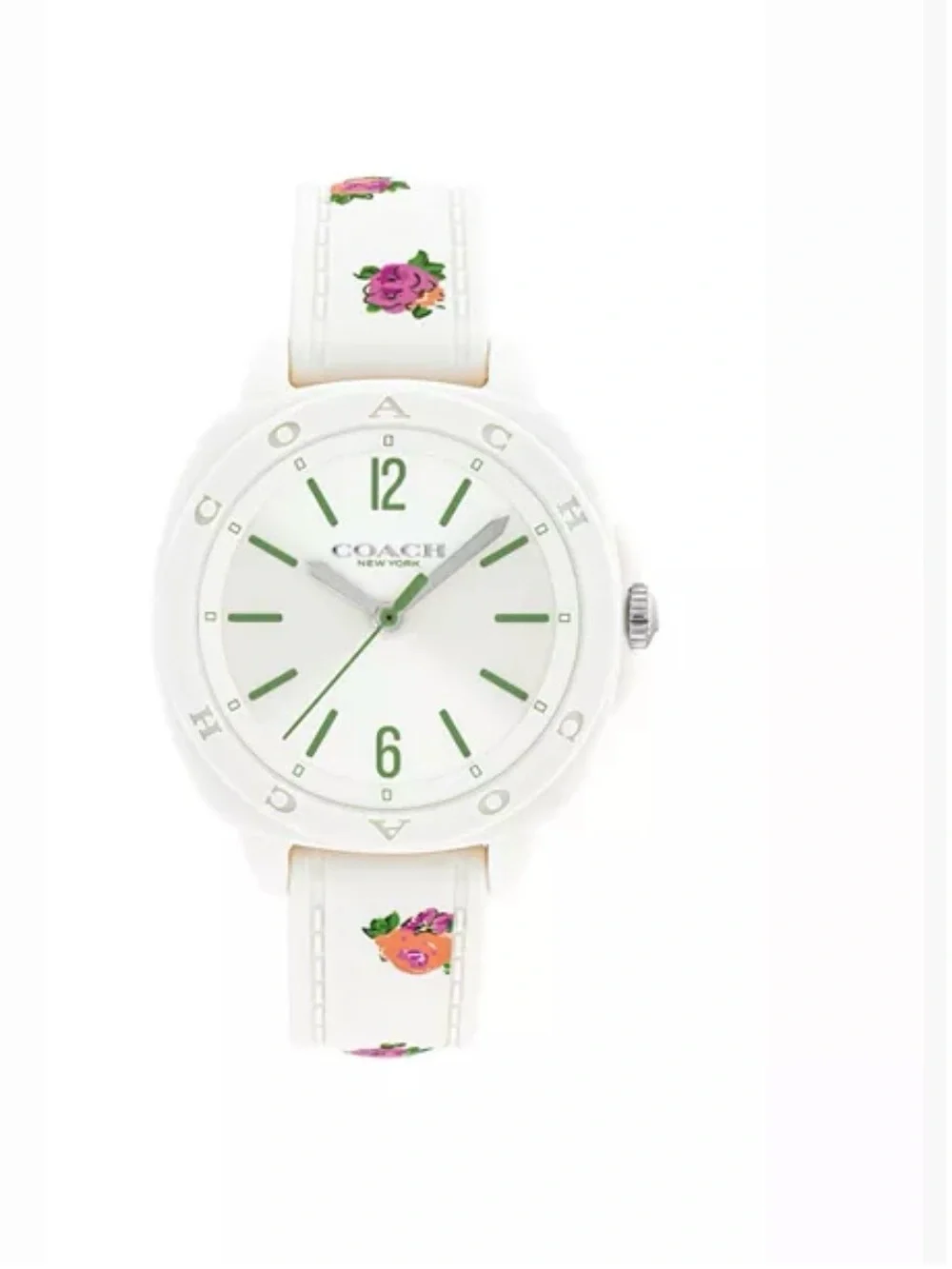 Coach Womens Kitt Watch 34mm Silicone White Rose Flower Band